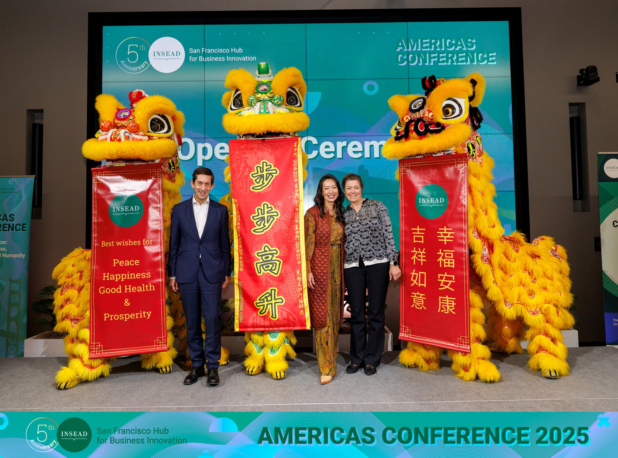 Francisco Veloso, Dean of INSEAD, Vic Woo, Senior Director of the INSEAD San Francisco Hub for Business Innovation and Mrs. Kristin Skogen Lund, Chairperson of the INSEAD Board, launched the celebration with a vibrant lion dance