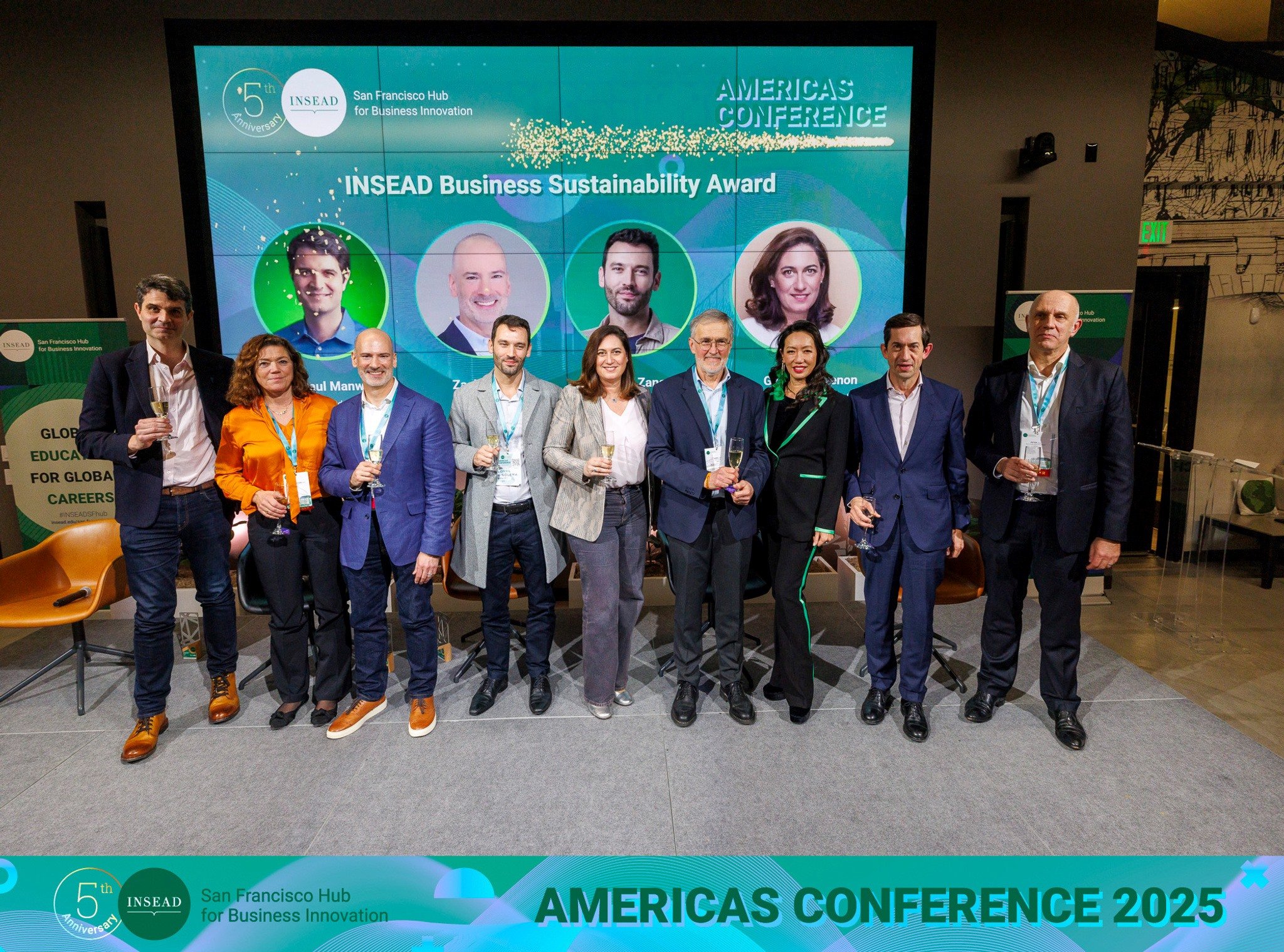 Mrs. Kristin Skogen Lund, Chairperson of the INSEAD Board, Francisco Veloso, Dean of INSEAD, Peter Joos, Deputy Dean of INSEAD, Vic Woo, Senior Director of the INSEAD San Francisco Hub for Business Innovation, Karel Cool, Professor of Strategy, together with the winners of the second INSEAD Business Sustainability Award  