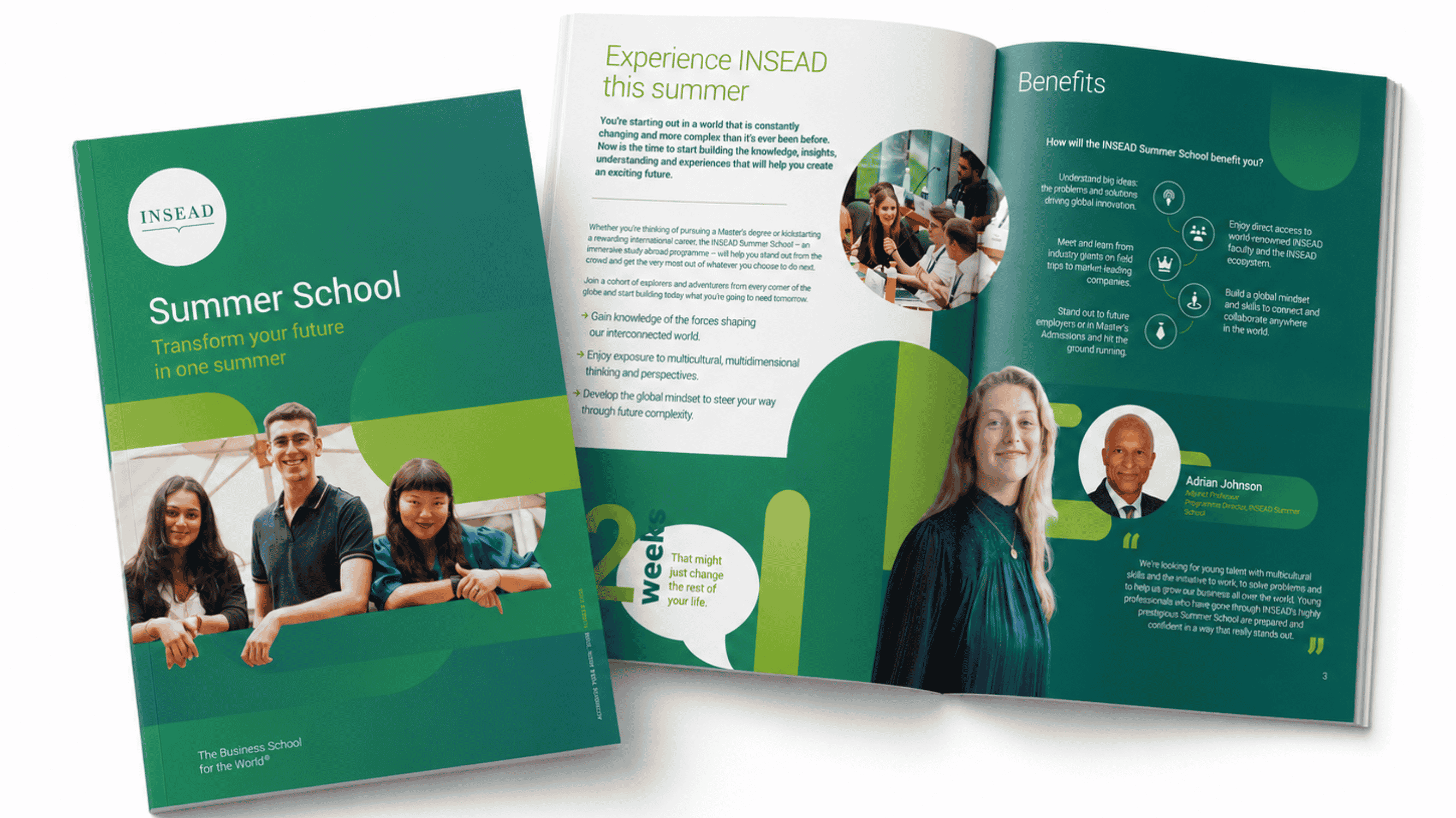 INSEAD Summer School brochure showing programme information and student experiences.