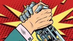 Human hand and robotic hand holding together Human hand and robotic hand holding together